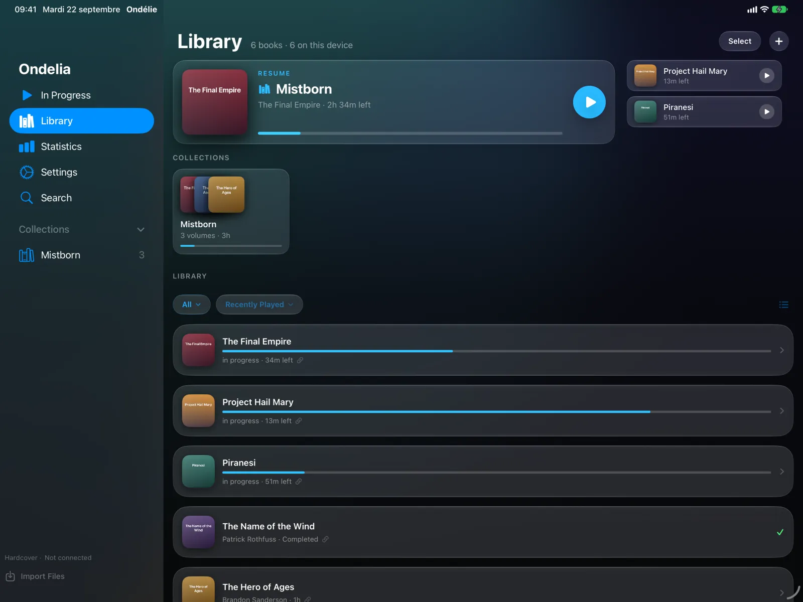 Ondelia on iPad, library with sidebar